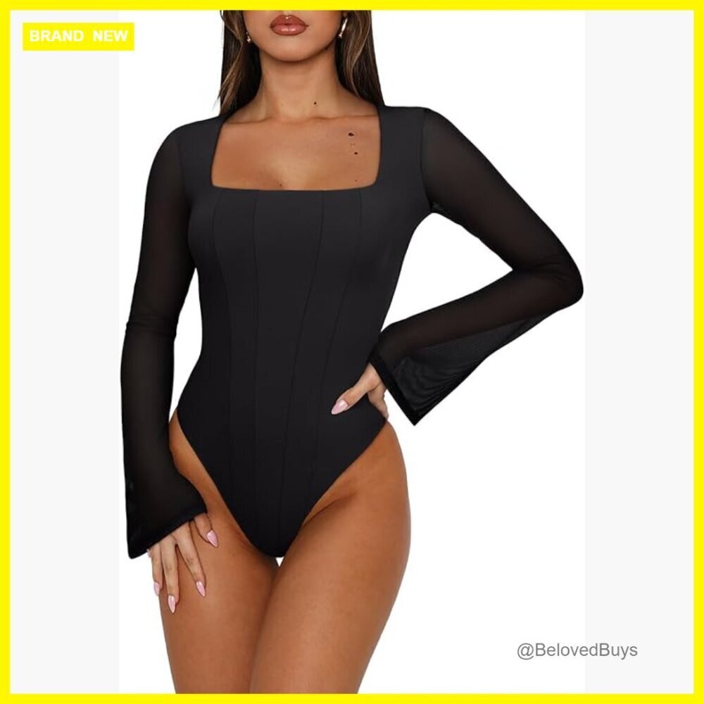 Long Sleeve Square Neck Mesh Bodysuit Double Lined Slim Fit